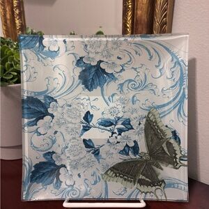 Soft Blue Floral and Green Butterfly Decorative Glass Plate